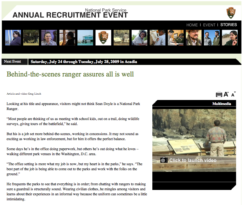National Park Service site screen shot for the DC area ranger project
