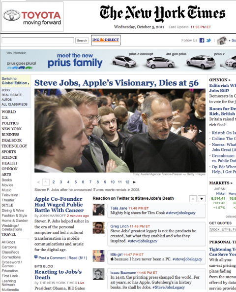 New York Times homepage with Steve Jobs tweets